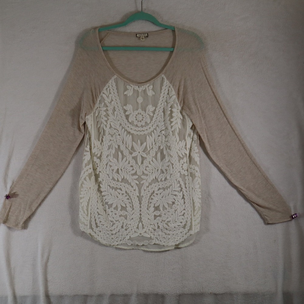 Eyeshadow Women's Size L Tan Crochet Lace Front Top Long Sleeve Boho Knit